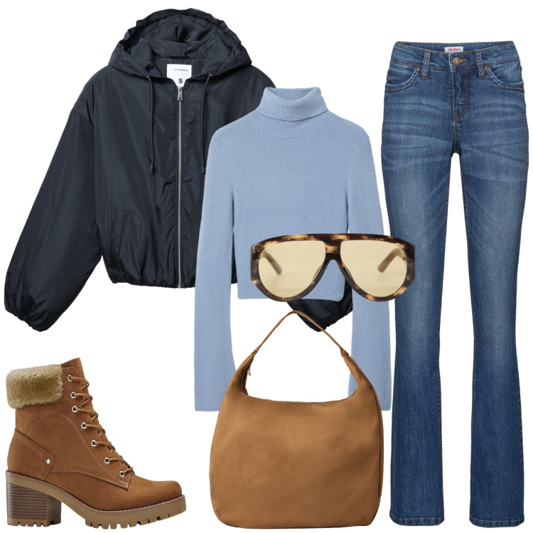 Outfit donna - Sportiva e disinvolta. Stile Casual per Tutti i giorni. Abbinamento con jeans bootcut, stivaletti, bomber, borse a mano, maglieria, occhiali da sole.