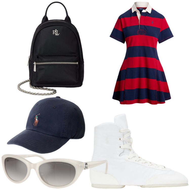 Outfit donna - Weekend in barca. Stile Preppy per Mare. Abbinamento con ballerine, occhiali da sole, cappelli, zaini, vestiti.