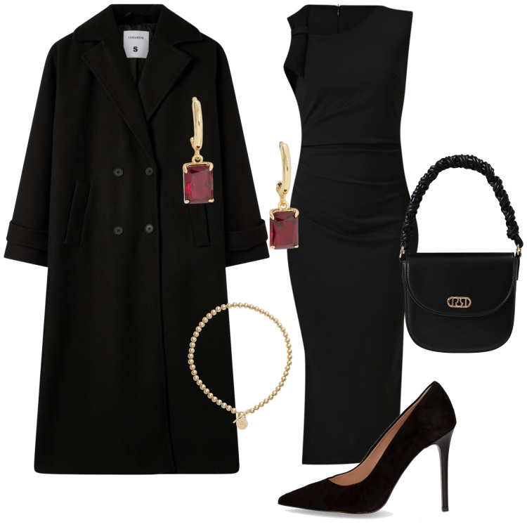 Outfit donna - Cenetta romantica. Stile Chic per Serata fuori. Abbinamento con cappotti, vestiti a tubino, borse a mano, collane, orecchini, décolleté.
