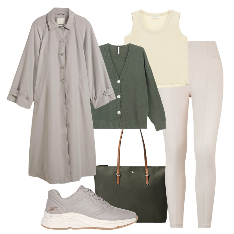Outfit donna - Trench grigio chiaro. Stile Minimal per Scuola/Università. Abbinamento con trench, cardigans, pantaloni skinny, canottiere, borse tote, sneakers.