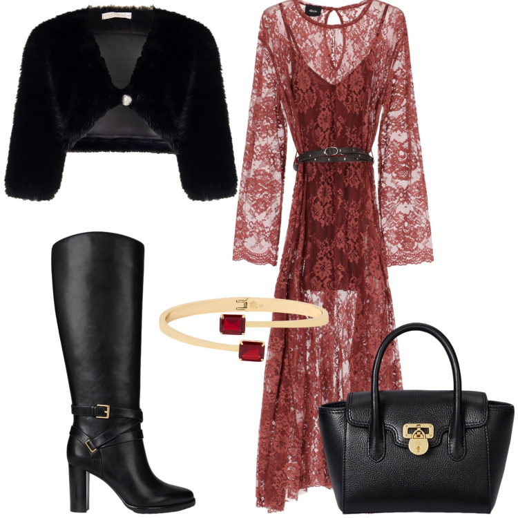 Outfit donna - Un romantico pizzo rosso. Stile Casual chic per Serata fuori. Abbinamento con bolero, vestiti lunghi, borse a mano, stivali, braccialetti.