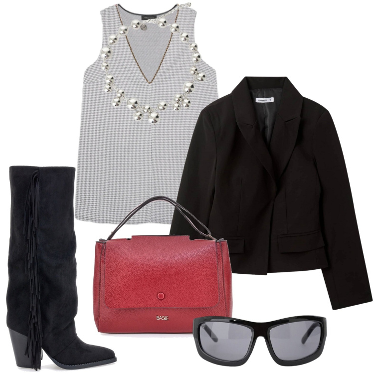 Outfit donna - Abito bon ton. Stile Minimal per Ufficio. Abbinamento con blazer, collane, occhiali da sole, borse a tracolla, stivali, vestiti corti.