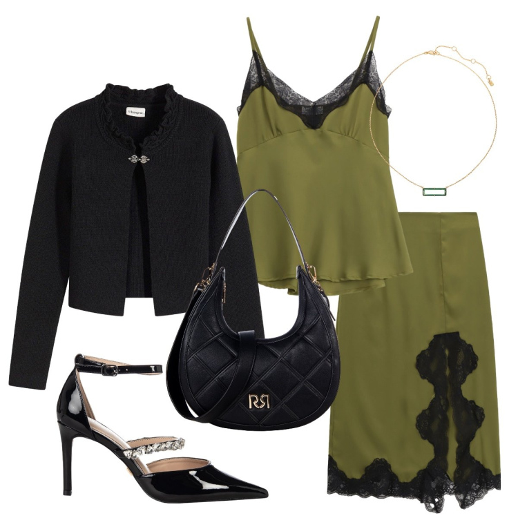 Outfit donna - Completo chic per la sera. Stile Chic per Serata fuori. Abbinamento con cardigans, borse a tracolla, décolleté, top, gonne longuette, collane.