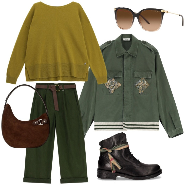 Outfit donna - Sfumature naturali. Stile Casual chic per Tutti i giorni. Abbinamento con pantaloni, cappotti, maglieria, occhiali da sole, borse a spalla, anfibi.