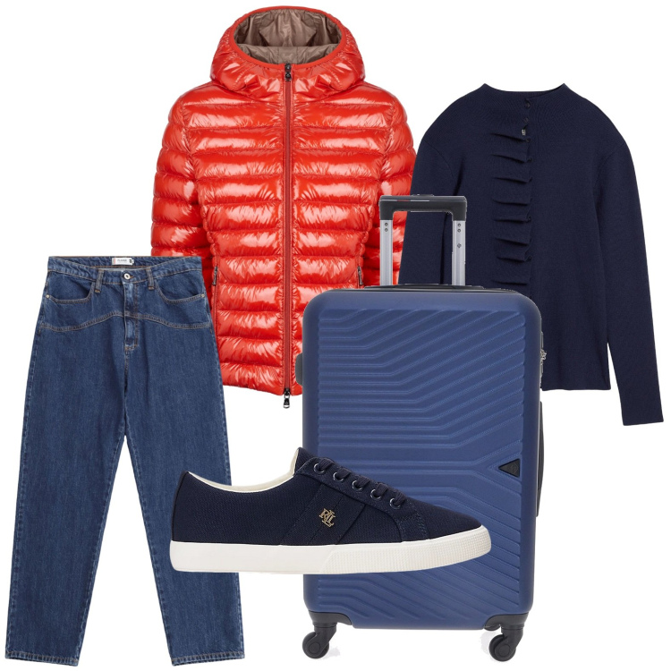 Outfit donna - La valigia da weekend. Stile Basic per Tutti i giorni. Abbinamento con cardigans, jeans, sneakers, blazer, valigie.