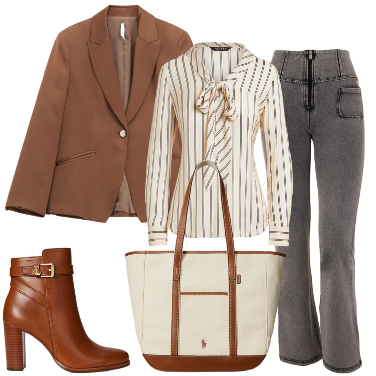 Outfit donna - Un cognac per scaldare l\'autunno. Stile Casual chic per Tutti i giorni. Abbinamento con blazer, jeans, borse tote, stivaletti, camicie.