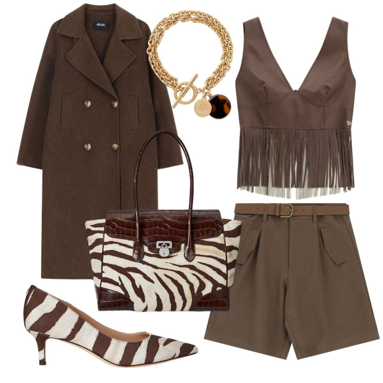 Outfit donna - Trendy con le frange. Stile Trendy per Serata fuori. Abbinamento con shorts, cappotti, top, décolleté, borse a mano, braccialetti con ciondoli.