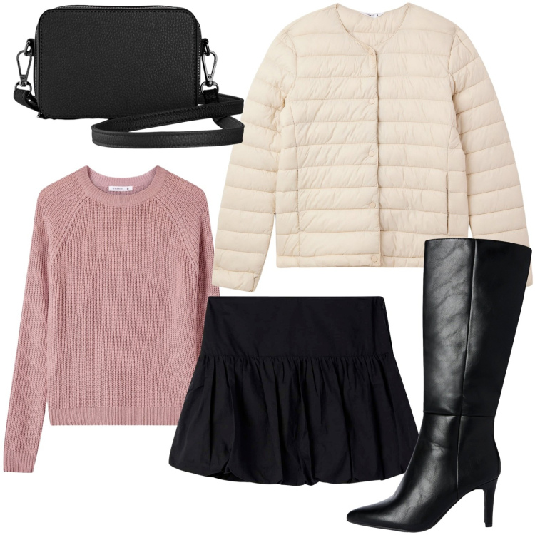 Outfit donna - Allure urbana. Stile Minimal per Tutti i giorni. Abbinamento con borse a tracolla, piumini, maglieria, minigonne, stivali sopra il ginocchio.