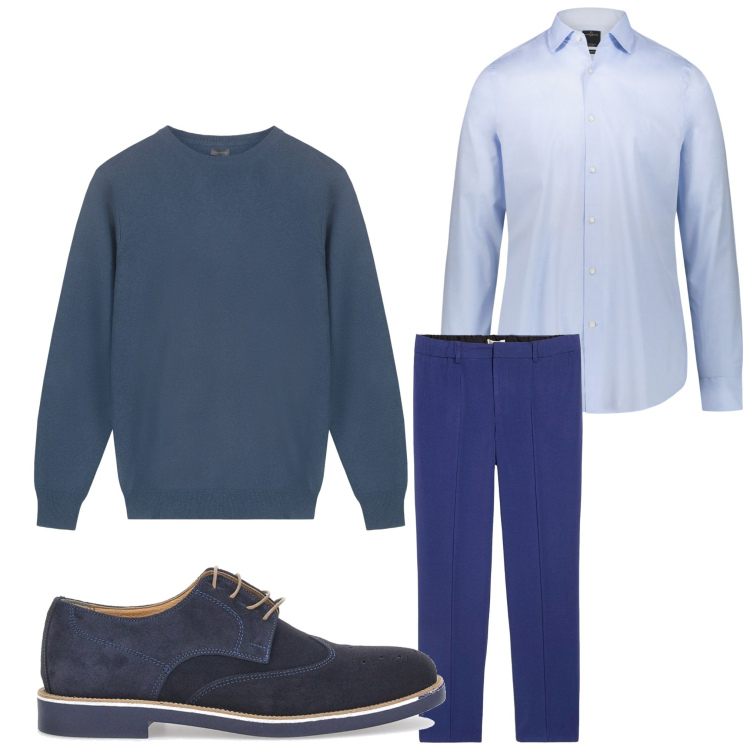 Outfit uomo - Blu. Stile Business/Elegante per Serata speciale. Abbinamento con pantaloni, camicie, scarpe stringate, maglieria.