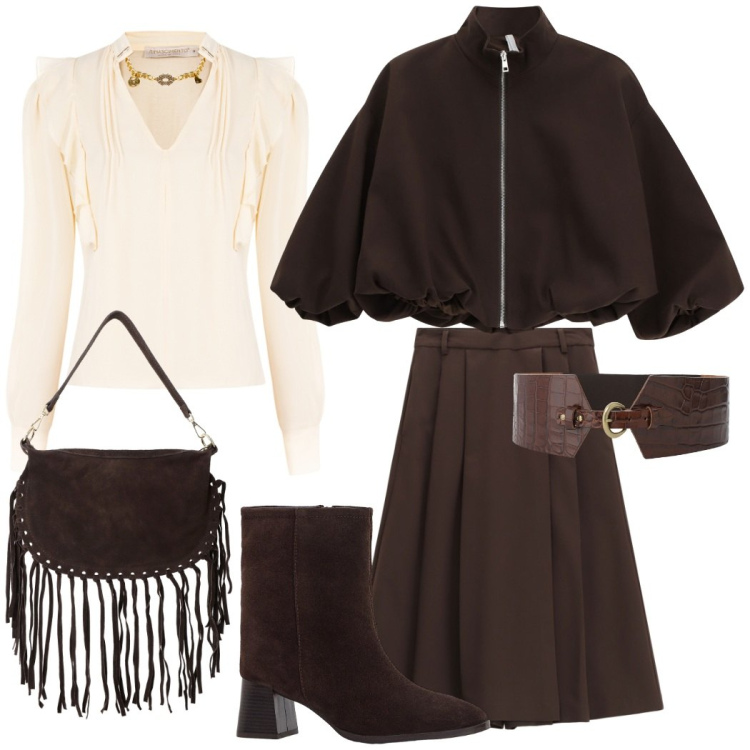 Outfit donna - Bomber cioccolato protagonista. Stile Casual chic per Tutti i giorni. Abbinamento con stivaletti, bluse, pantaloni, bomber, borse a tracolla, cinture.