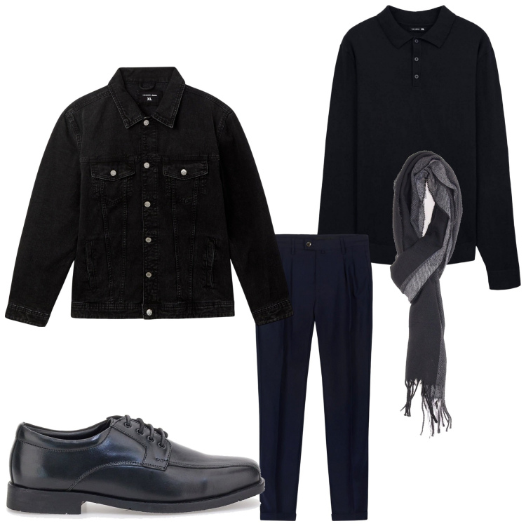 Outfit uomo - Nero. Stile Casual per Tutti i giorni. Abbinamento con polo, giacche, sciarpe, scarpe stringate, pantaloni.