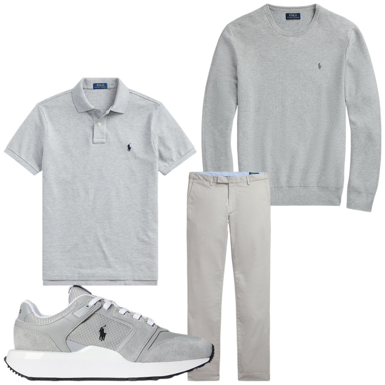 Outfit uomo - Grigio. Stile Casual per Tutti i giorni. Abbinamento con polo, maglieria, pantaloni chino, sneakers.