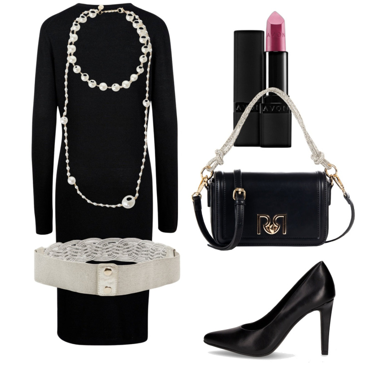 Outfit donna - Serata. Stile Chic per Serata fuori. Abbinamento con rossetti, cinture, collane, borse a mano, vestiti midi/longuette, décolleté.