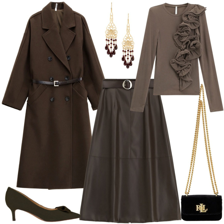 Outfit donna - Cerimonia d\'autunno. Stile Chic per Cerimonia. Abbinamento con t-shirt, cappotti, gonne lunghe, décolleté, orecchini, pochette.