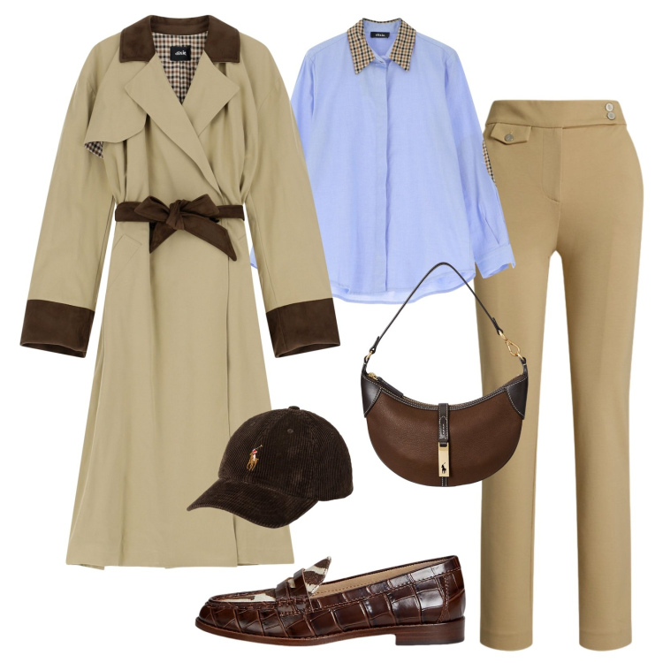 Outfit donna - Trench British Style!. Stile Urban per Ufficio. Abbinamento con trench, camicie, pantaloni, mocassini, cappelli con visiera, borse a spalla.