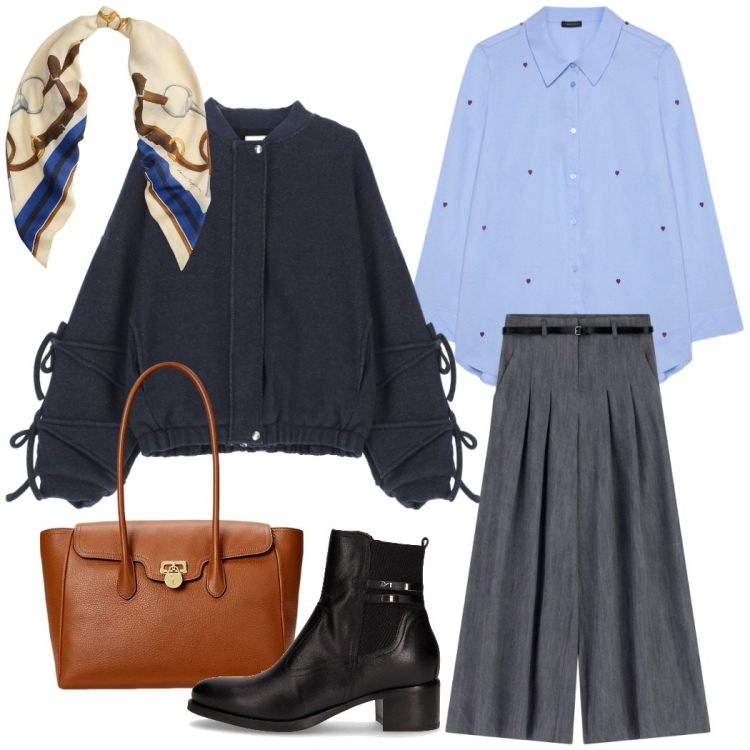Outfit donna - Urban style. Stile Trendy per Tutti i giorni. Abbinamento con pantaloni a palazzo, bomber, borse a mano, foulard, camicie, stivaletti.