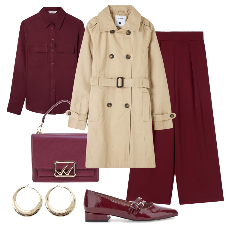 Outfit donna - Al lavoro con il trench sabbia. Stile Casual chic per Ufficio. Abbinamento con pantaloni, camicie, trench, orecchini, borse a tracolla, ballerine.