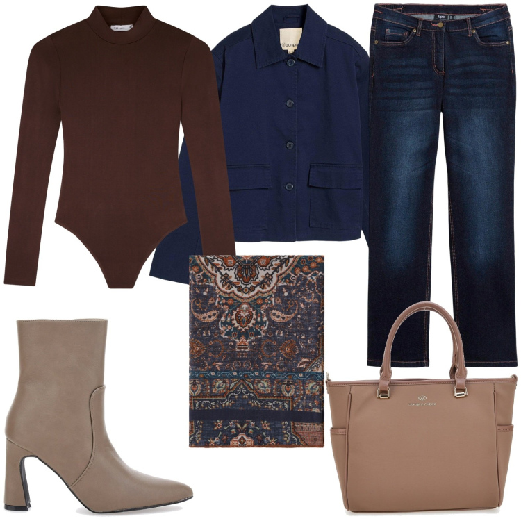 Outfit donna - Il foulard fantasia. Stile Glamour per Ufficio. Abbinamento con blazer, jeans dritti, body, foulard, stivaletti, borse a tracolla.