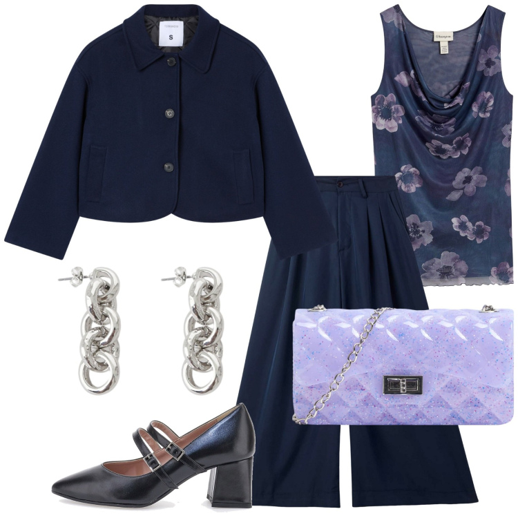 Outfit donna - In Teatro. Stile Vintage retrò per Serata fuori. Abbinamento con top, pantaloni, borse a tracolla, blazer, orecchini, décolleté.