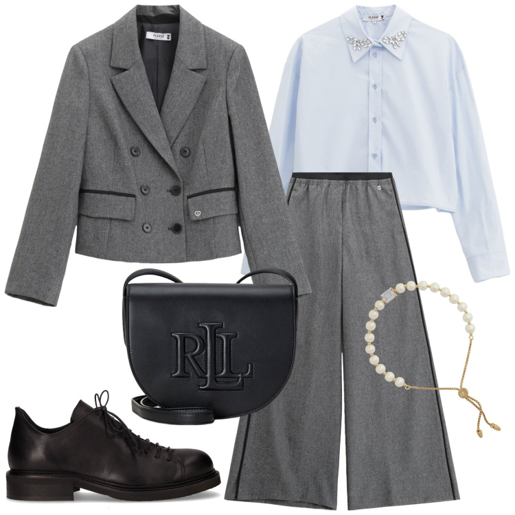Outfit donna - Total look #2260708. Stile Mannish per Ufficio. Abbinamento con pantaloni, blazer, camicie, braccialetti, borse a tracolla, scarpe stringate.