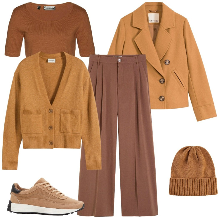 Outfit donna - Neutral nature. Stile Urban per Tutti i giorni. Abbinamento con pantaloni, sneakers, maglieria, berretti, caban, cardigans.