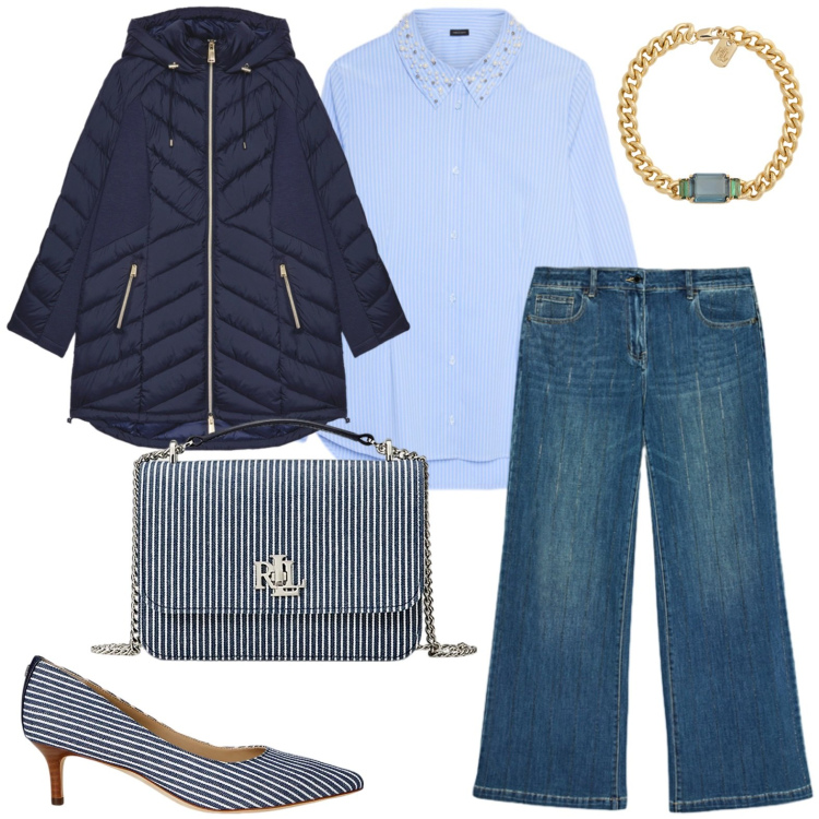 Outfit donna - Camicia perle e righe. Stile Glamour per Ufficio. Abbinamento con décolleté, borse a spalla, braccialetti, jeans dritti, camicie, piumini.