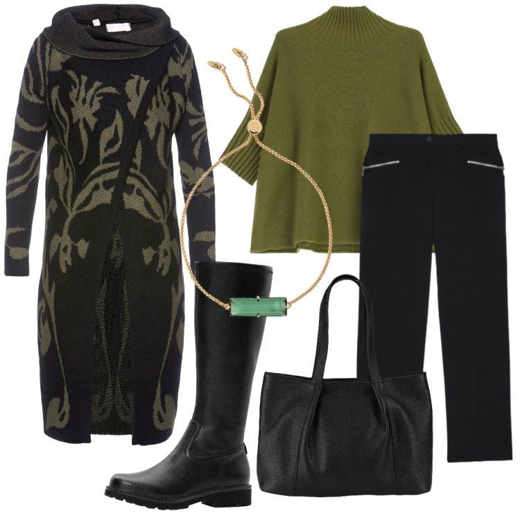 Outfit donna - Il cardigan lungo. Stile Casual chic per Ufficio. Abbinamento con cardigans, shopping bag, stivali, maglieria, braccialetti, pantaloni.