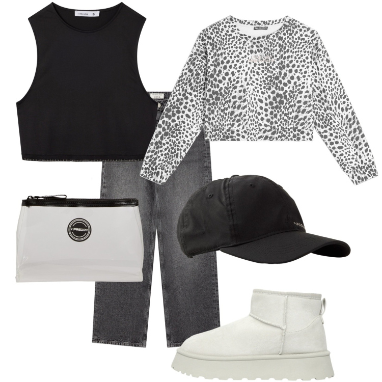 Outfit donna - Black and White. Stile Urban per Tutti i giorni. Abbinamento con cappelli con visiera, jeans, top, stivaletti, felpe, valigie.