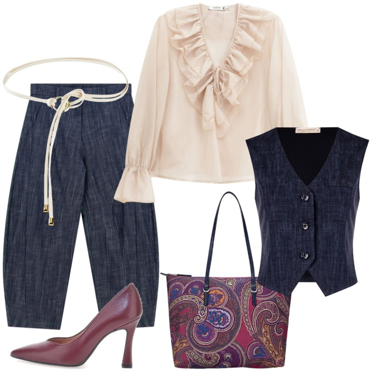 Outfit donna - Urban style. Stile Trendy per Tutti i giorni. Abbinamento con cinture, camicie, gilet, pantaloni, borse tote, décolleté.