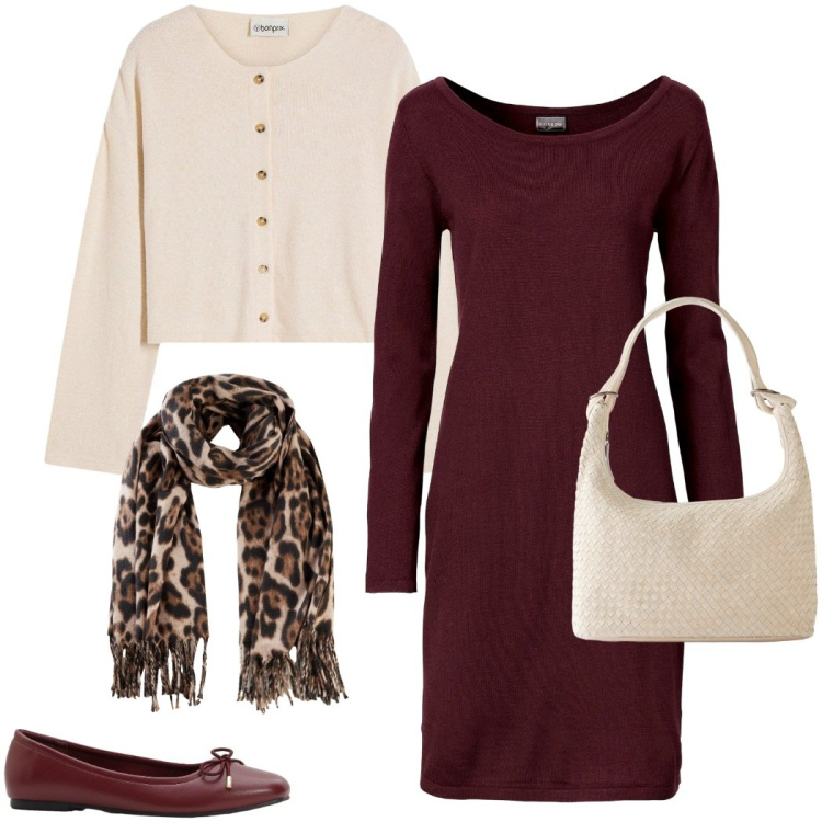 Outfit donna - Neutral nature. Stile Casual chic per Ufficio. Abbinamento con vestiti lunghi, shopping bag, ballerine, foulard, cardigans.