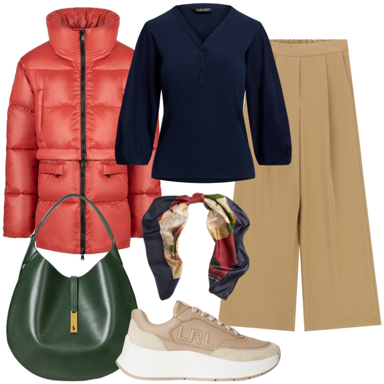 Outfit donna - Borsa verde e piumino rosso. Stile Glamour per Ufficio. Abbinamento con piumini, pantaloni a palazzo, borse a spalla, sneakers, maglieria, foulard.