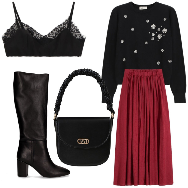 Outfit donna - Il pullover gioiello. Stile Chic per Serata fuori. Abbinamento con gonne lunghe, borse a mano, bralette, maglieria, stivali.