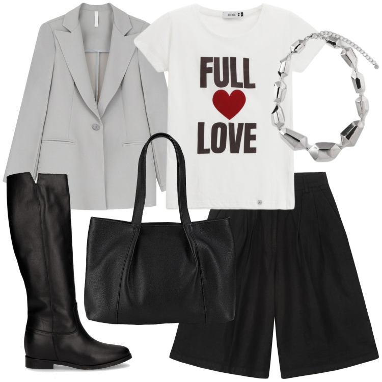 Outfit donna - Full love. Stile Chic per Ufficio. Abbinamento con shopping bag, t-shirt, blazer, bermuda, stivali, ciondoli.