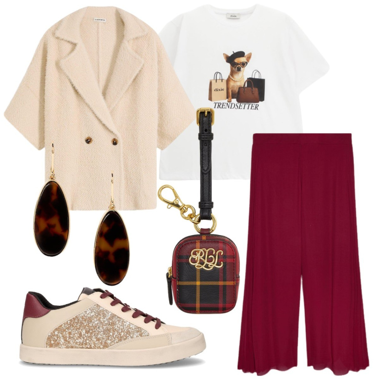 Outfit donna - Il cardigan a doppio petto. Stile Casual chic per Tutti i giorni. Abbinamento con cardigans, t-shirt, orecchini, pochette, sneakers, pantaloni a palazzo.