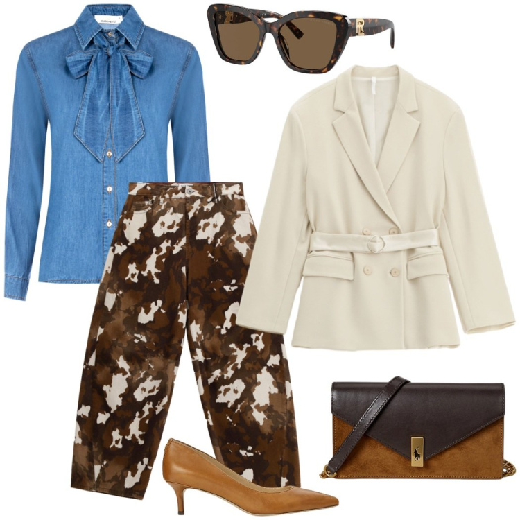 Outfit donna - I pantaloni trendy. Stile Casual chic per Tutti i giorni. Abbinamento con pantaloni a palazzo, camicie, blazer, décolleté, occhiali da sole, clutch.