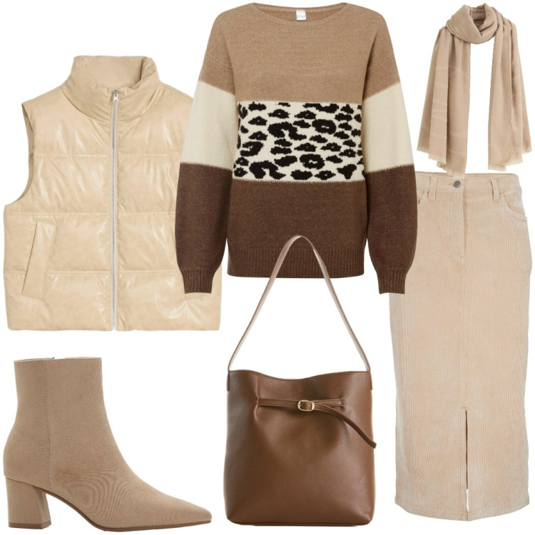 Outfit donna - Neutral nature. Stile Urban per Tutti i giorni. Abbinamento con maglieria, gonne longuette, stivaletti, piumini, borse a mano, sciarpe.