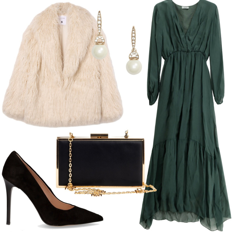 Outfit donna - Abito verde e tacco vertiginoso. Stile Glamour per Cerimonia. Abbinamento con ecopellicce, pochette, vestiti lunghi, orecchini, décolleté.