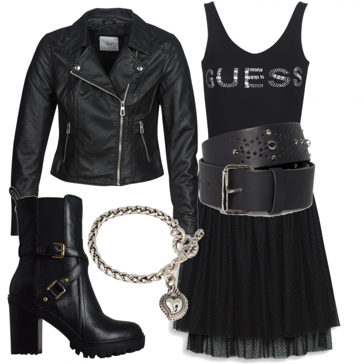 Outfit donna - Rock love. Stile Rock per Serata fuori. Abbinamento con top nero, giacca nero, gonna nero, cintura con perle e borchie con fibbia in denim lunghezza regolabile nero, stivaletti, bracciale con cuore 100% nichel fatto a mano.