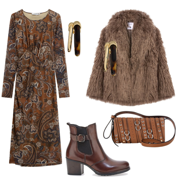 Outfit donna - Total look #2260730. Stile Glamour per Serata fuori. Abbinamento con ecopellicce, vestiti midi/longuette, borse a spalla, orecchini, stivaletti.