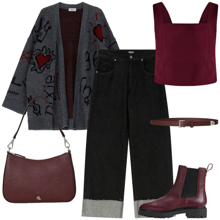 Outfit donna - un caldo cardigan. Stile Casual chic per Tutti i giorni. Abbinamento con cardigans, jeans, top, cinture, stivaletti chelsea, borse a spalla.