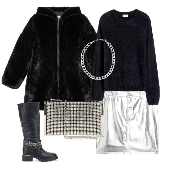 Outfit donna - Sparkling and black. per Serata fuori. Abbinamento con minigonne, maglieria, cappotti, collane, pochette, stivali.