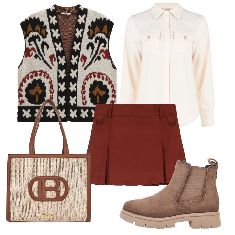 Outfit donna - Il gilet ricamato. Stile Etnico per Serata fuori. Abbinamento con camicie, minigonne, gilet, borse a spalla, stivaletti chelsea.