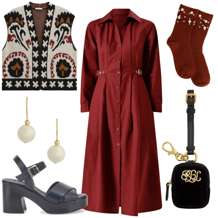 Outfit donna - Chemisier, e tocco glamour. Stile Glamour per Serata fuori. Abbinamento con vestiti chemisier, gilet, calzini, pochette, orecchini, sandali col tacco.