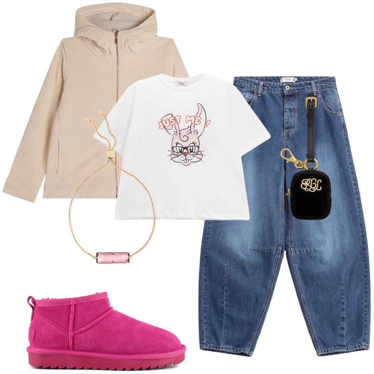 Outfit donna - Un calore fucsia. Stile Glamour per Tutti i giorni. Abbinamento con blazer, jeans, t-shirt, braccialetti, pochette, stivali.