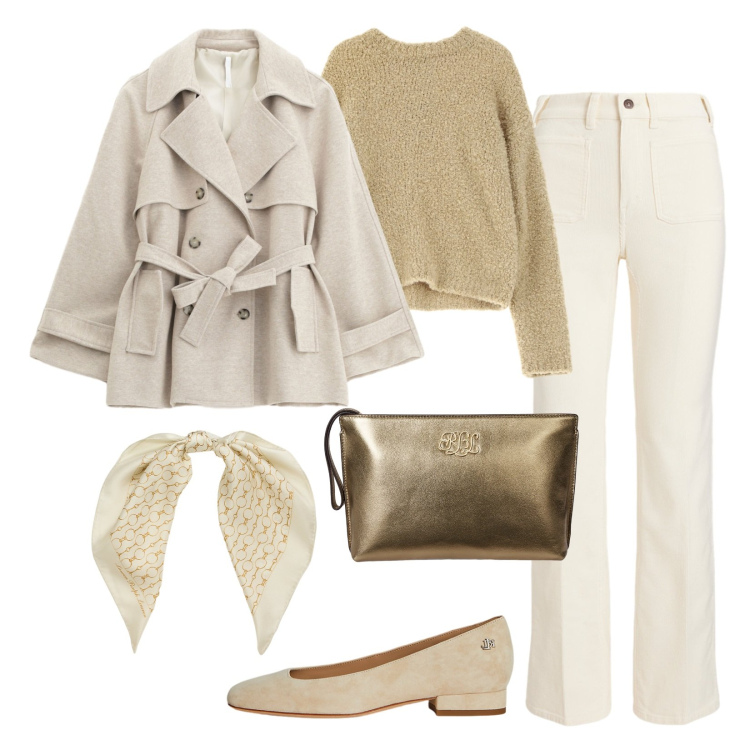 Outfit donna - Trench Season!. Stile Casual chic per Ufficio. Abbinamento con trench, pullovers, ballerine, pochette, foulard, pantaloni.