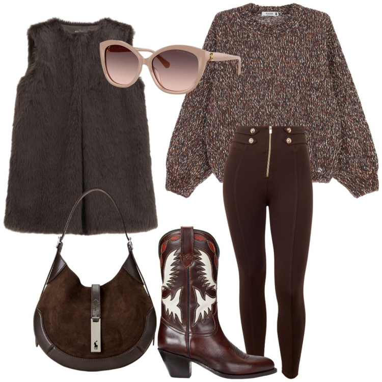 Outfit donna - Urban style trendy. Stile Casual chic per Tutti i giorni. Abbinamento con maglieria, gilet, pantaloni skinny, stivali, borse a spalla, occhiali da sole.
