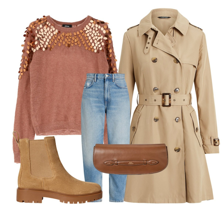Outfit donna - Total look #2260745. Stile Casual chic Abbinamento con pullovers, jeans, stivaletti chelsea, clutch, trench.