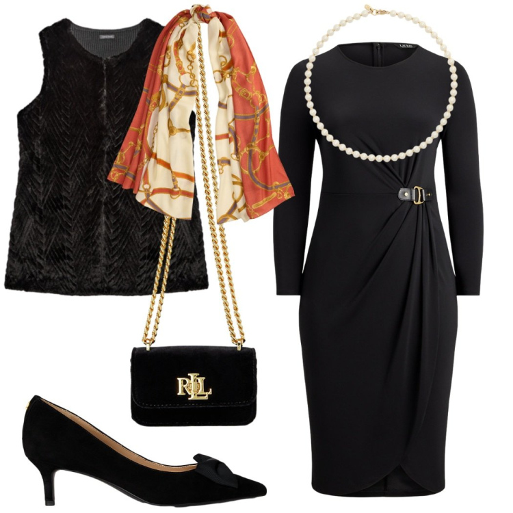 Outfit donna - Serata elegante. Stile Chic per Serata fuori. Abbinamento con collane, décolleté, pochette, sciarpe, vestiti, maglieria.