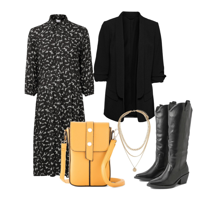 Outfit femme - Octobre. Style Casual chic pour Tous les jours. Assortir avec pochette, blazers, robes chemisier, bottines, colliers.