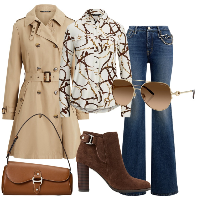 Outfit donna - Total look #2260754. Stile Casual chic per Tutti i giorni. Abbinamento con occhiali da sole, camicie, jeans dritti, stivaletti, borse a spalla, trench.